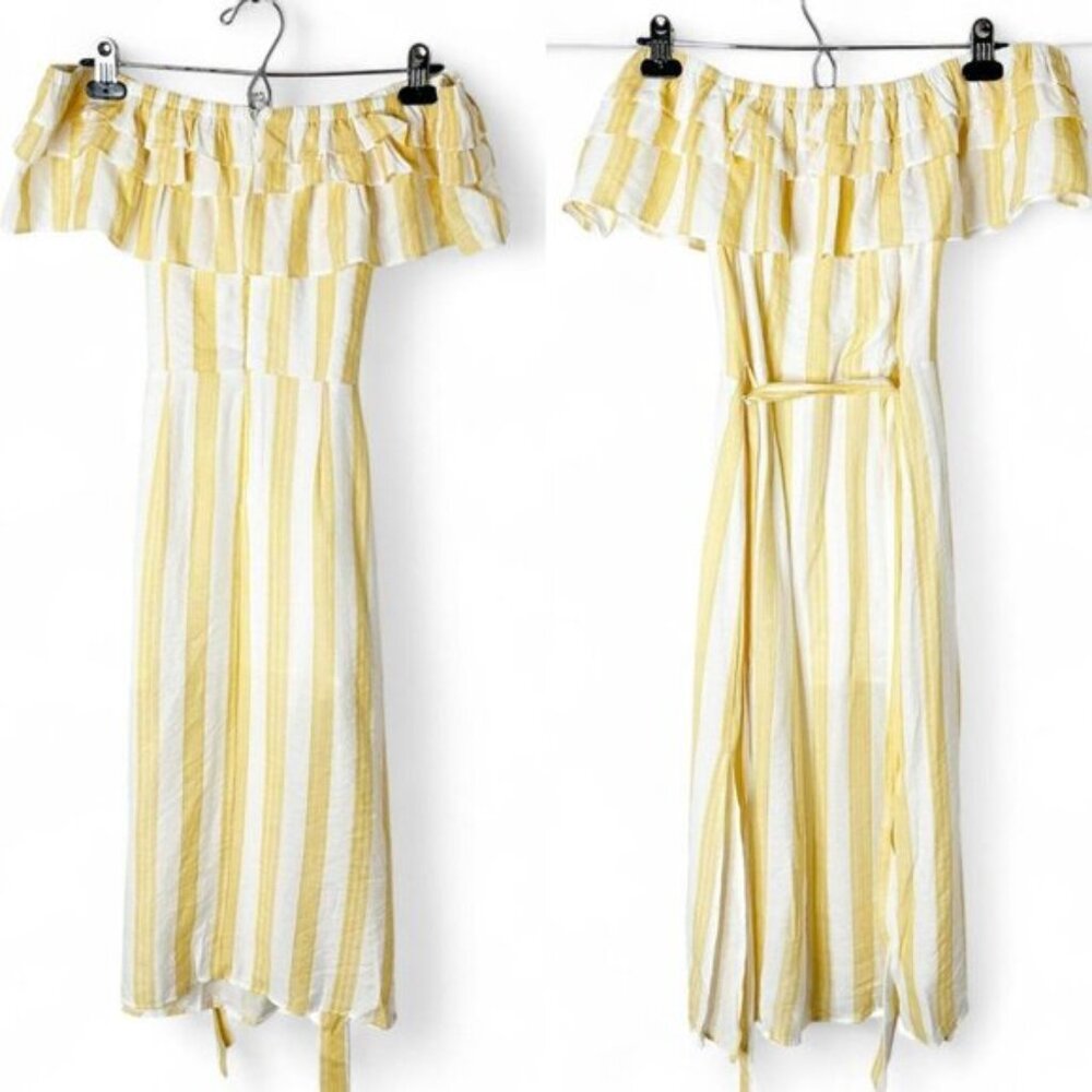 Essue Off the shoulders Ruffles Midi Dress Striped Yellow Boho Chic Small